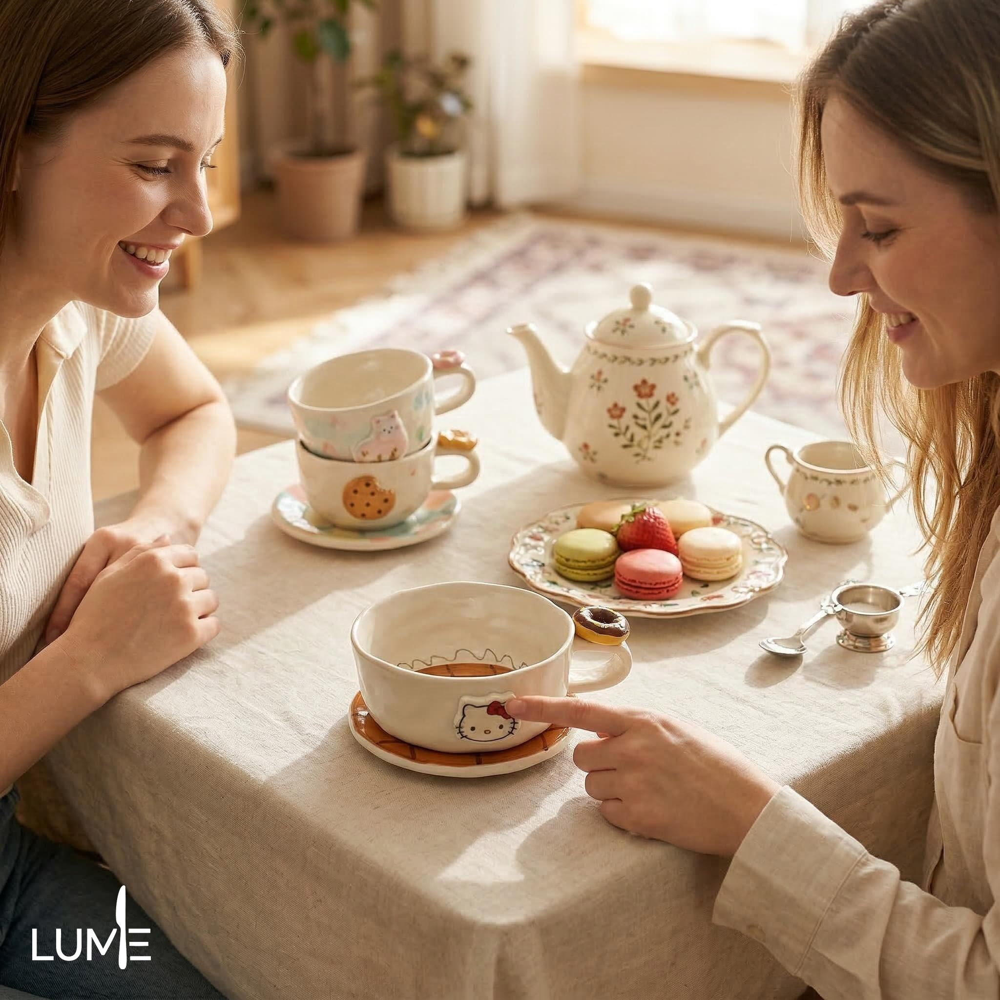 KT coffee cups and saucers